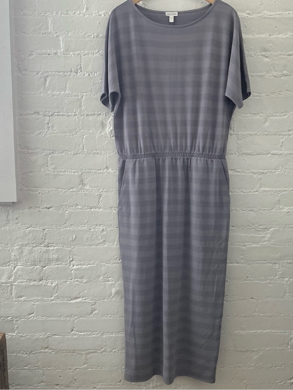 Garnet Hill Soft Stripe Midi Dress Gray Purple Elastic Waist Pockets Comfy M